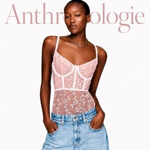 Anthropologie Lyrebird Pink Floral Mesh Corset Bodysuit L